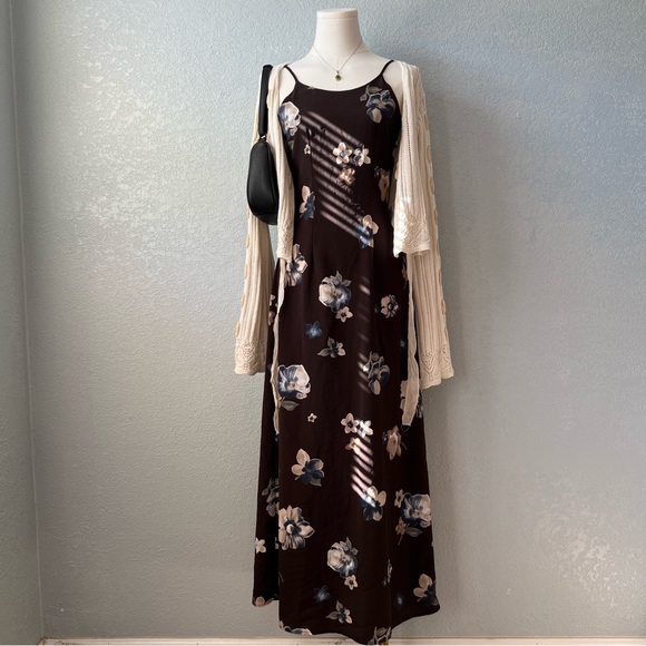 Vintage 90s Indie Brown Floral Slip Dress Spaghetti Strap Maxi Sense USA Size S - Picture 1 of 11